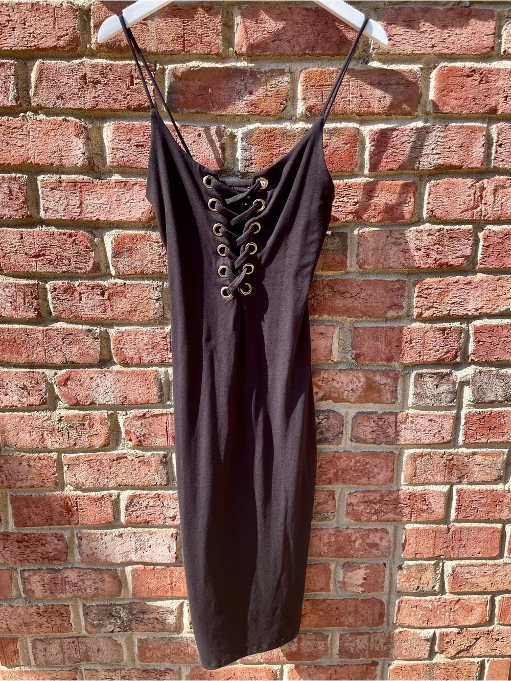 iris Black Lace-Up Slip Midi Dress with Gold Eyelets